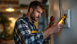 A photograph of a skilled lighting contractor working diligently to install or repair electric outlets in a residential or commercial setting