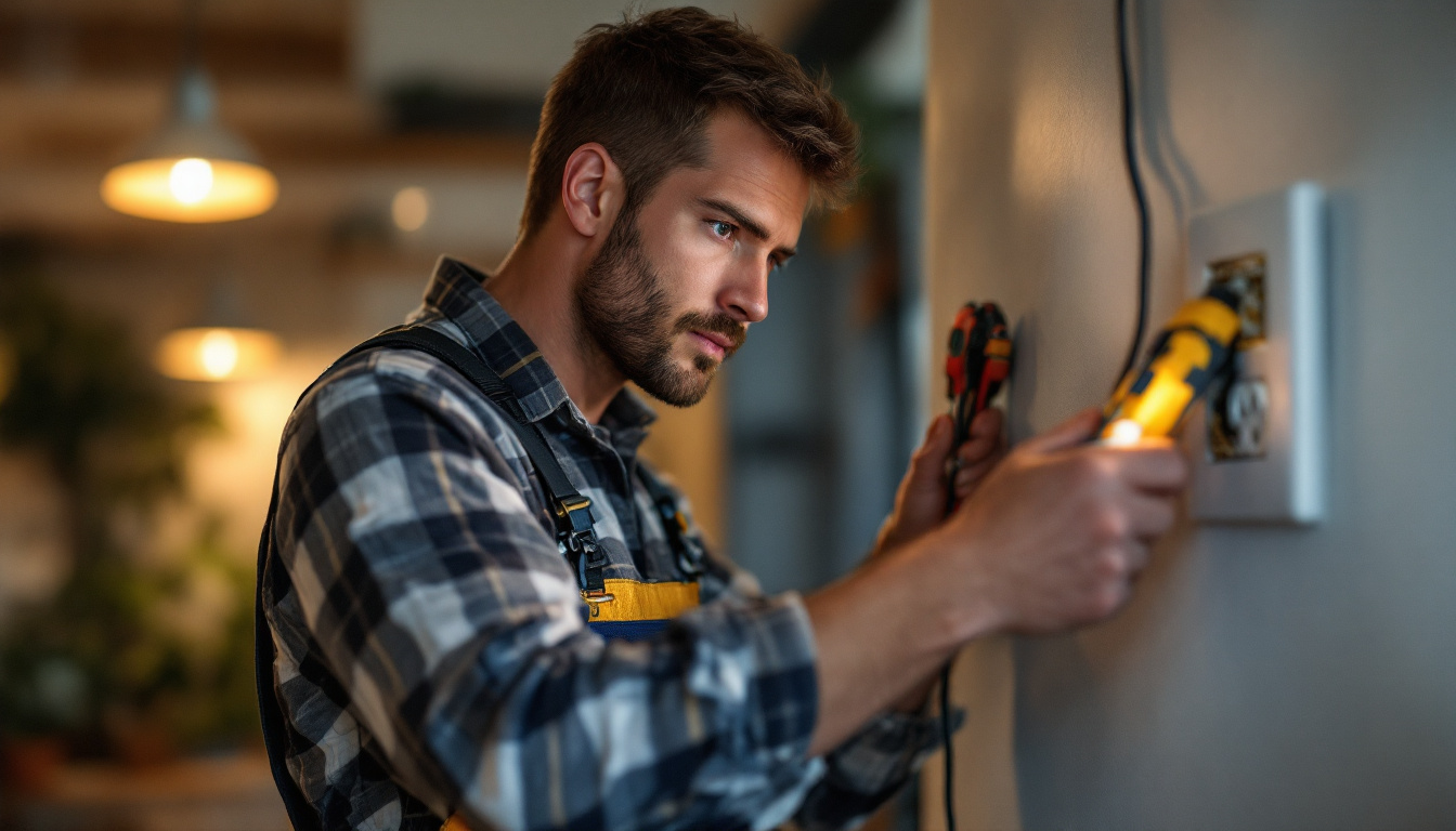A photograph of a skilled lighting contractor working diligently to install or repair electric outlets in a residential or commercial setting