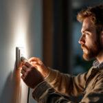 A photograph of a lighting contractor expertly installing or inspecting a stylish wall plug in a modern home setting