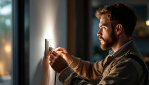 A photograph of a lighting contractor expertly installing or inspecting a stylish wall plug in a modern home setting