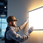 A photograph of a lighting contractor installing or showcasing a sleek