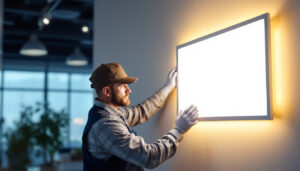 A photograph of a lighting contractor installing or showcasing a sleek