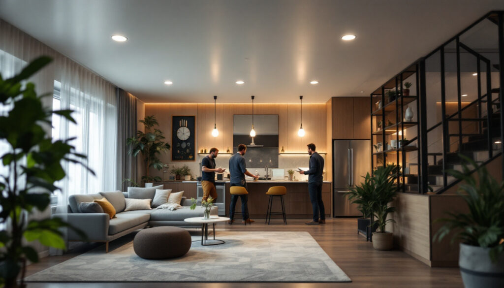 A photograph of a well-lit space featuring recessed can lights