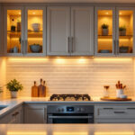 A photograph of a beautifully designed kitchen showcasing various styles of under cabinet lighting in action