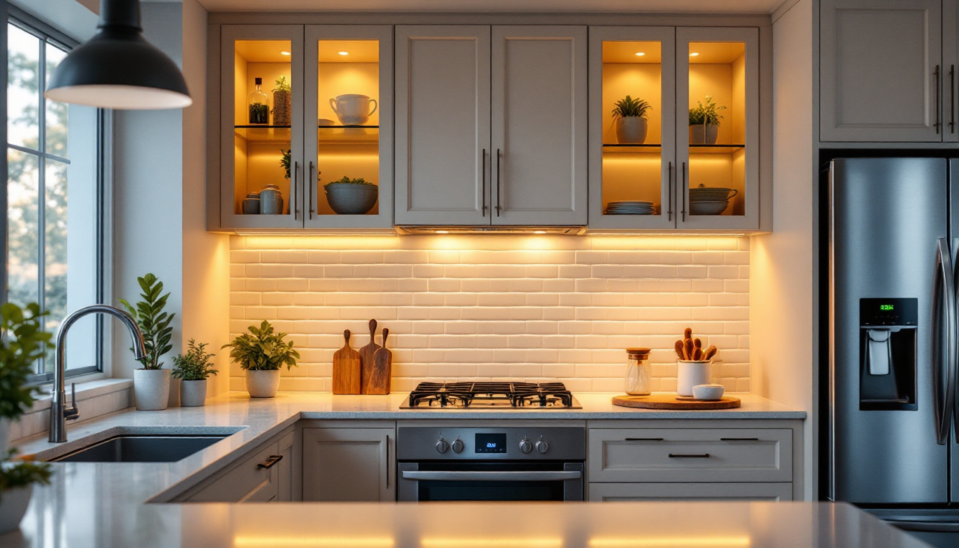 A photograph of a beautifully designed kitchen showcasing various styles of under cabinet lighting in action