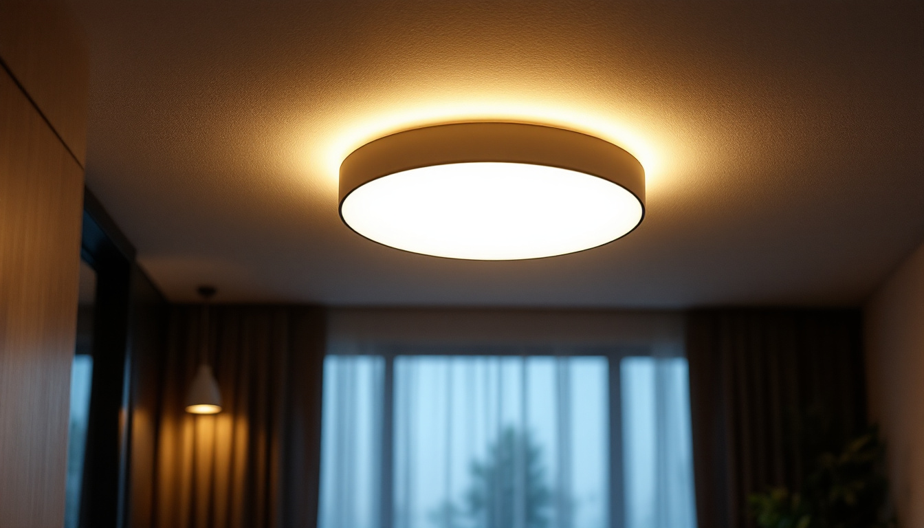A photograph of a modern flush ceiling light installed in a stylish interior setting