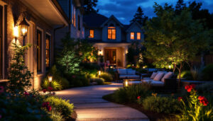 A photograph of a beautifully illuminated outdoor space at dusk