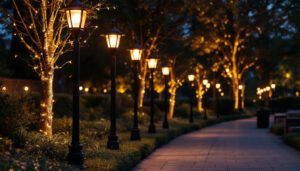 A photograph of a well-lit outdoor scene featuring a row of elegant pole lights illuminating a pathway