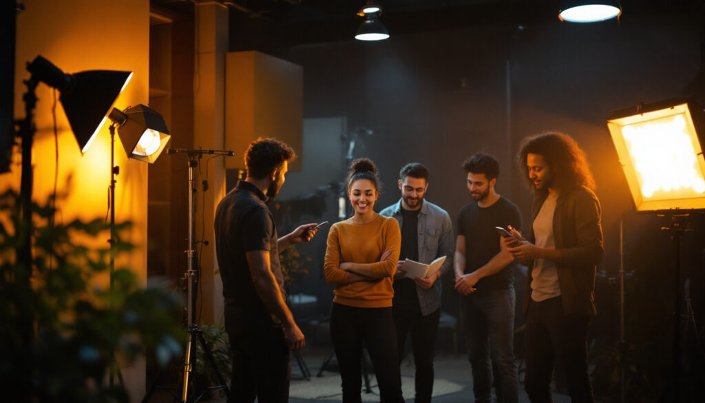 A photograph of a diverse team of professionals engaged in a hands-on lighting training session
