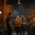 A photograph of a diverse team of professionals engaged in a hands-on lighting training session