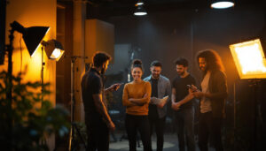 A photograph of a diverse team of professionals engaged in a hands-on lighting training session