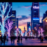 A photograph of a dynamic urban scene at dusk