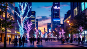 A photograph of a dynamic urban scene at dusk