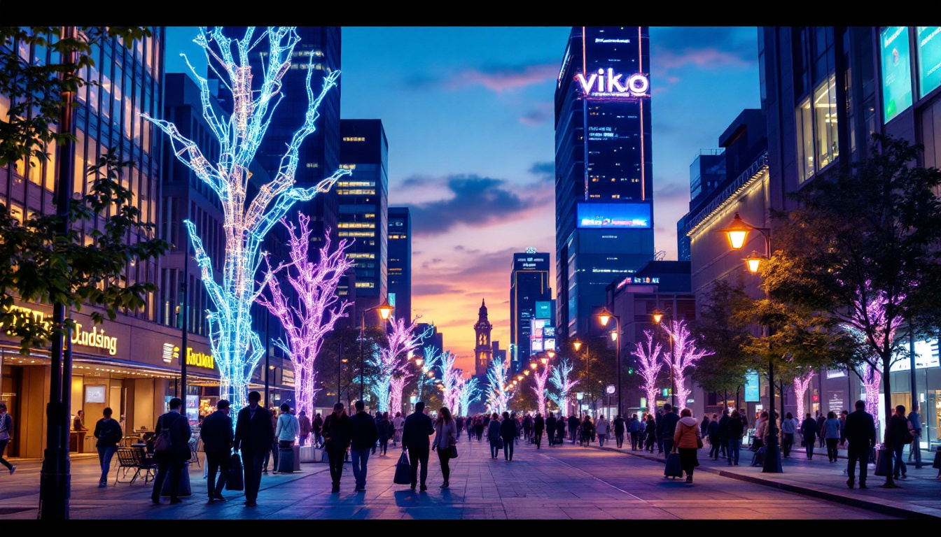 A photograph of a dynamic urban scene at dusk