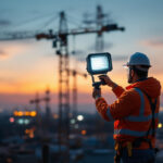 A photograph of a lighting contractor actively installing or adjusting floodlights at a construction site during dusk