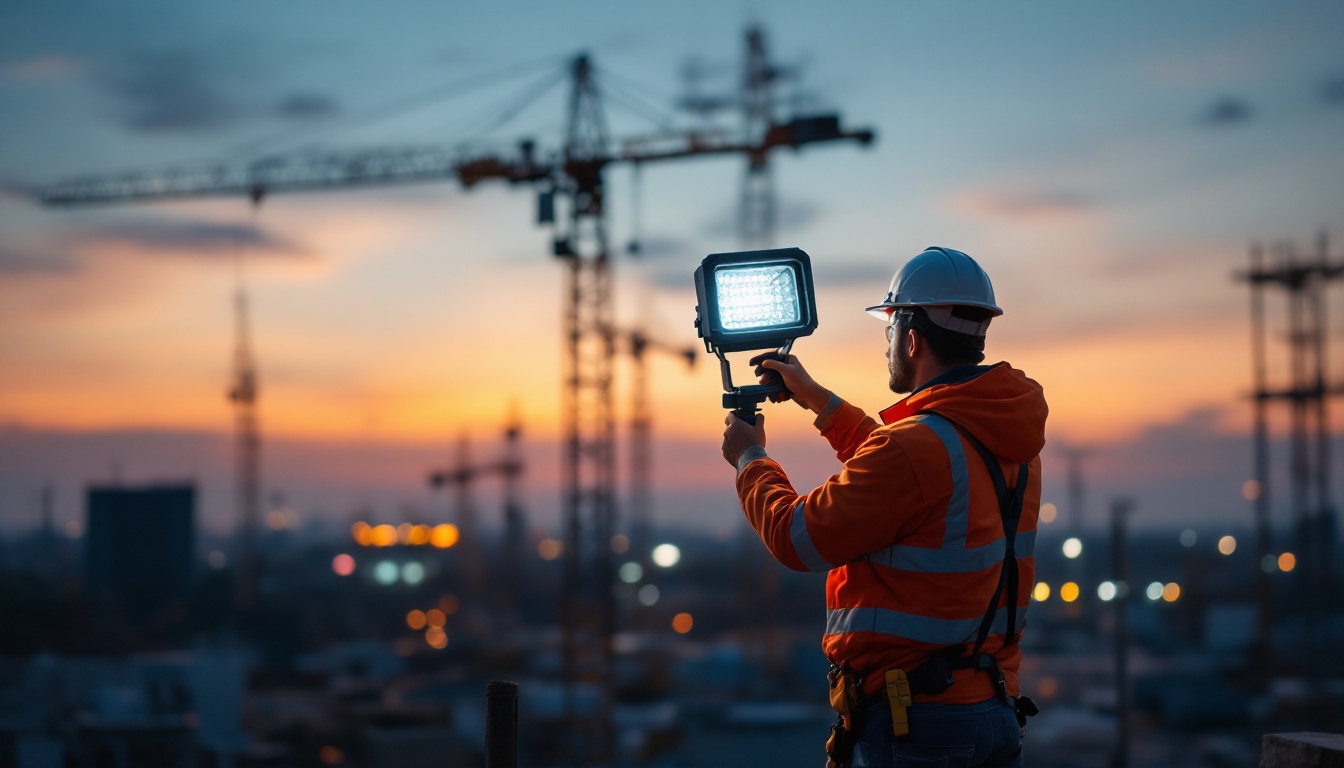 A photograph of a lighting contractor actively installing or adjusting floodlights at a construction site during dusk