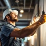 A photograph of a lighting contractor in action