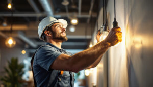 A photograph of a lighting contractor in action