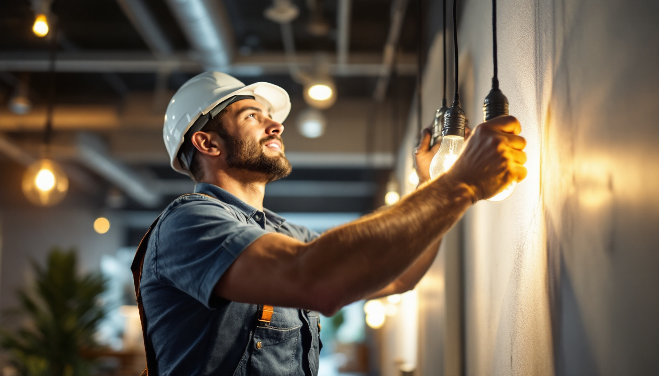 A photograph of a lighting contractor in action