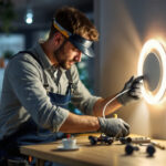 A photograph of a lighting contractor installing led strip lights in a modern interior setting