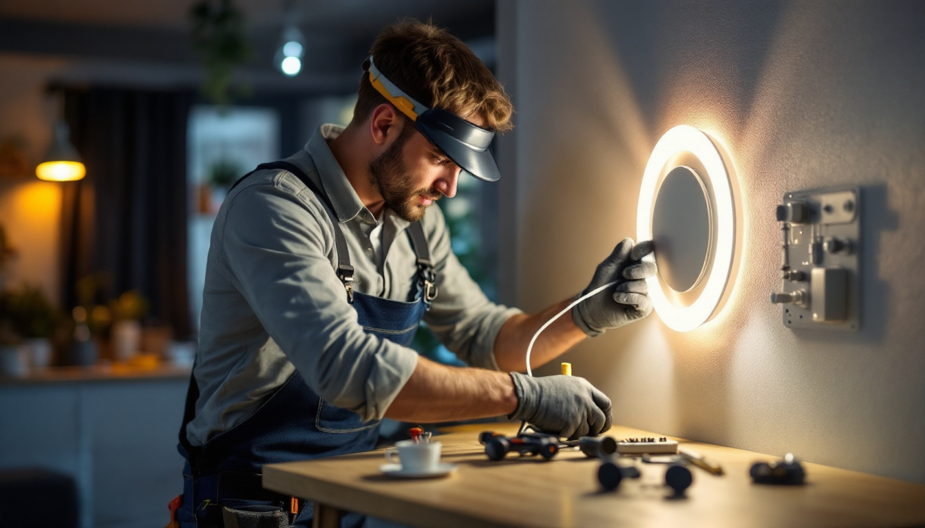 A photograph of a lighting contractor installing led strip lights in a modern interior setting