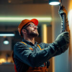 A photograph of a skilled lighting contractor expertly installing led fixtures in a modern residential or commercial space