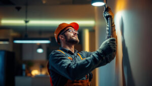 A photograph of a skilled lighting contractor expertly installing led fixtures in a modern residential or commercial space