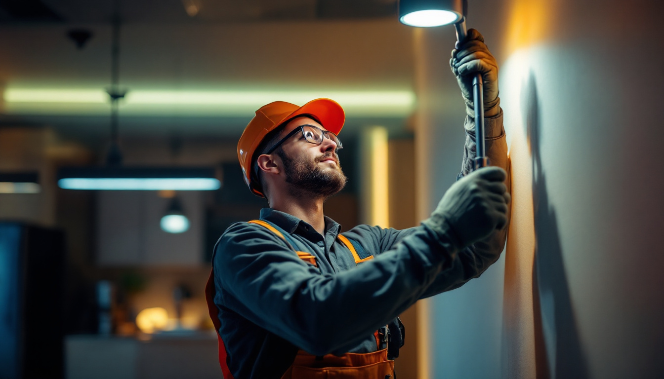 A photograph of a skilled lighting contractor expertly installing led fixtures in a modern residential or commercial space