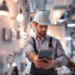 A photograph of a lighting contractor examining various dimmer switches and led lights in a well-lit workspace