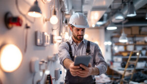 A photograph of a lighting contractor examining various dimmer switches and led lights in a well-lit workspace