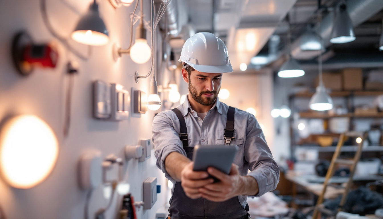 A photograph of a lighting contractor examining various dimmer switches and led lights in a well-lit workspace