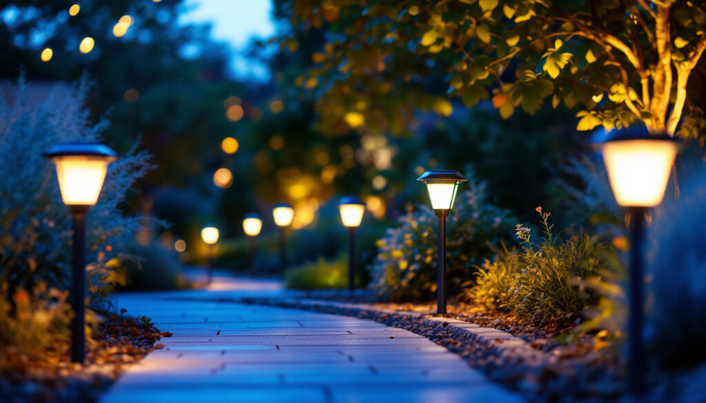 A photograph of a beautifully illuminated outdoor space at dusk