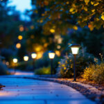 A photograph of a beautifully illuminated outdoor space at dusk