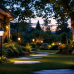 A photograph of a beautifully illuminated garden at dusk