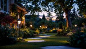 A photograph of a beautifully illuminated garden at dusk