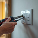 A photograph of a skilled lighting contractor installing or inspecting an electrical outlet in a residential or commercial setting