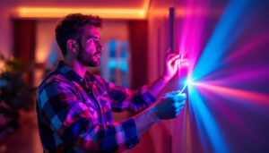 A photograph of a lighting contractor installing or inspecting a 30-foot led strip in a residential or commercial setting