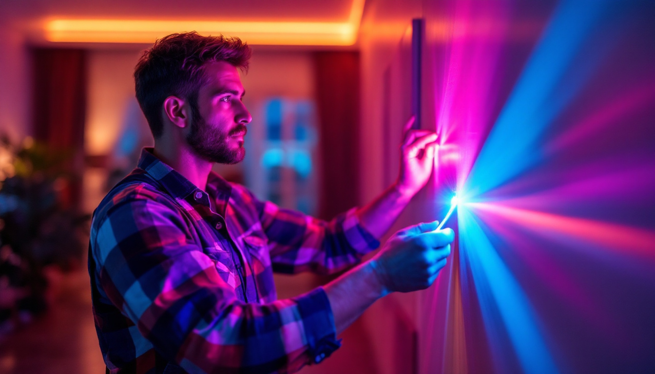 A photograph of a lighting contractor installing or inspecting a 30-foot led strip in a residential or commercial setting