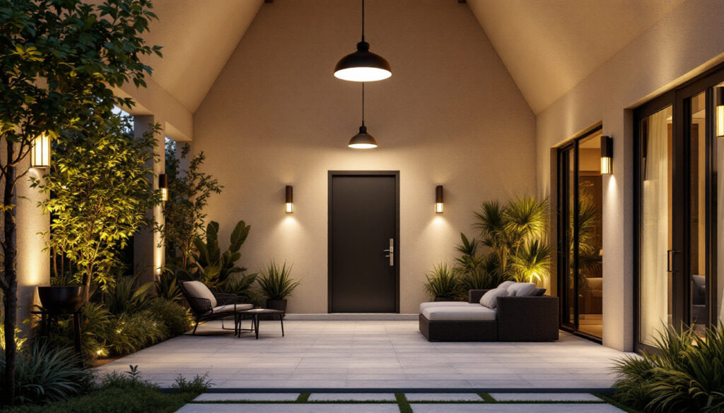 A photograph of a well-designed outdoor lighting installation that showcases various types of ceiling lights in a beautifully lit outdoor setting