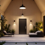 A photograph of a well-designed outdoor lighting installation that showcases various types of ceiling lights in a beautifully lit outdoor setting
