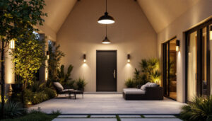 A photograph of a well-designed outdoor lighting installation that showcases various types of ceiling lights in a beautifully lit outdoor setting