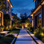 A photograph of a beautifully illuminated outdoor space featuring stylish and modern lighting fixtures