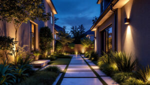 A photograph of a beautifully illuminated outdoor space featuring stylish and modern lighting fixtures