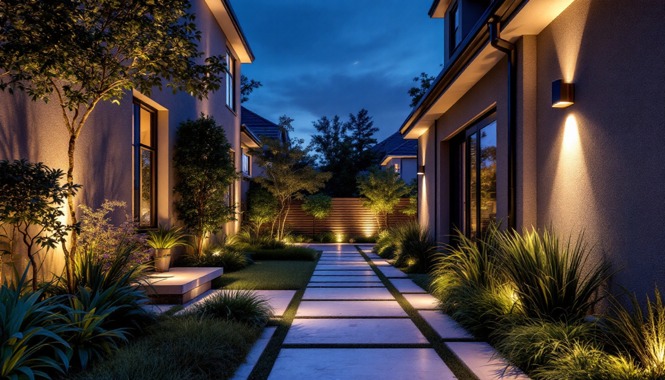A photograph of a beautifully illuminated outdoor space featuring stylish and modern lighting fixtures