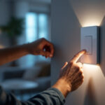 A photograph of a lighting contractor installing a modern push button light switch in a stylish home setting