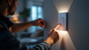 A photograph of a lighting contractor installing a modern push button light switch in a stylish home setting