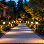 A photograph of a beautifully lit outdoor space featuring various styles of solar lights illuminating pathways
