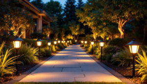 A photograph of a beautifully lit outdoor space featuring various styles of solar lights illuminating pathways