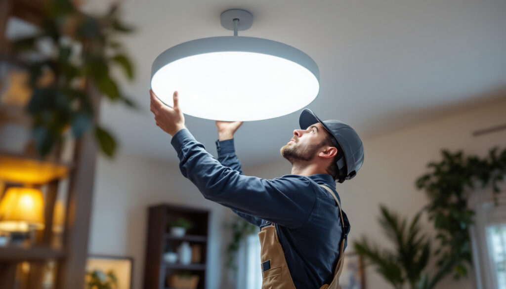 A photograph of a skilled lighting contractor installing a modern led light fixture in a stylish interior setting