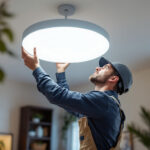 A photograph of a skilled lighting contractor installing a modern led light fixture in a stylish interior setting